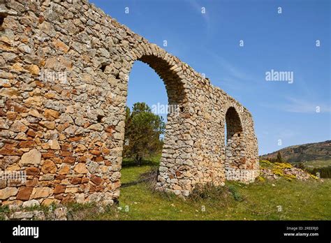 Roman Aqueduct Stone Arch Green Meadow Blue Sky Madonie National