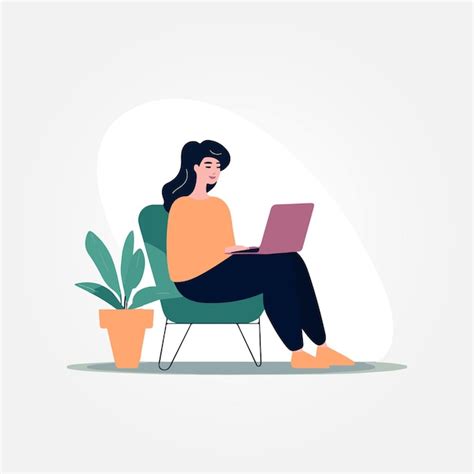 Premium Vector Woman Sitting On Sofa Working On Laptop