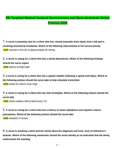Rn Learning System Medical-surgical: Neurosensory Practice Quiz