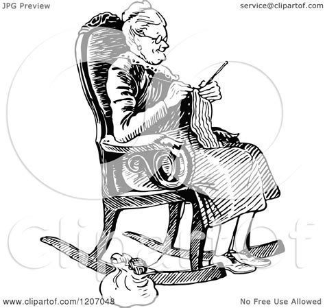 Clipart Of A Vintage Black And White Old Lady Knitting Royalty Free