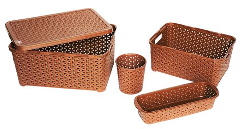 Set Of 4 Piece Multi Purpose Plastic Baskets With Lid Brown Amazon