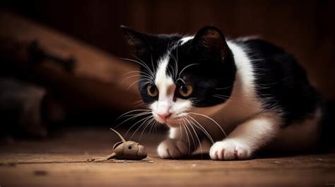 Premium Ai Image A Black And White Tuxedo Cat Playing With A Toy Mous