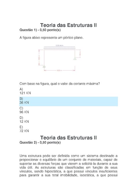 Avg Teoria Das Estruturas Teoria Das Estruturas Ii Quest O