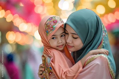 Daughter Embracing Mother During Eid Celebration In Malaysia Stock