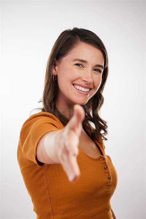 Happy Woman Portrait And Studio With Handshake For Introduction