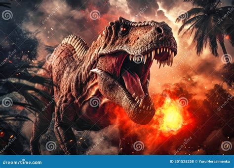 A Terrible Dinosaur Tyrannosaurus T Rex With An Open Huge Mouth And