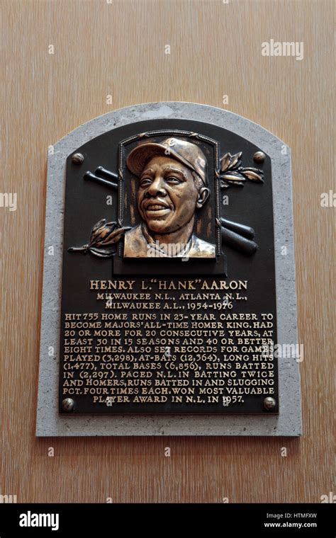 Memorial plaque for right fielder Hank Aaron in the Hall of Fame Gallery, National Baseball Hall ...