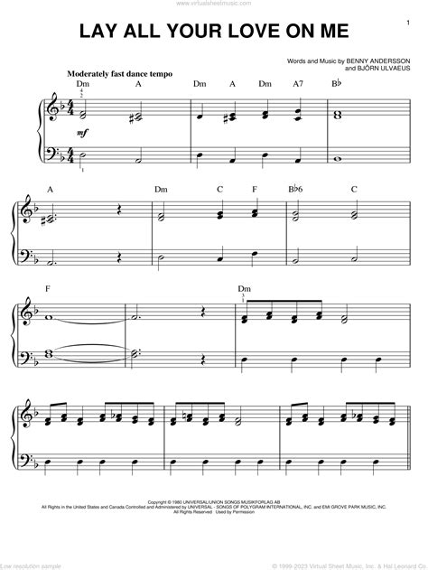 Lay All Your Love On Me Easy Sheet Music For Piano Solo Pdf