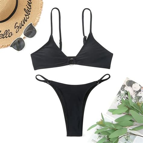 Sexy Black Triangle Bikini Set Swimwear Women Micro Thong Swimsuit Ring Bathing Suit Biquinis