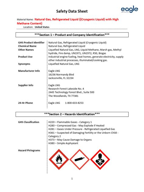 Eagle Lng Safety Data Sheet Usa Dec2015 Pdf Methane Liquefied