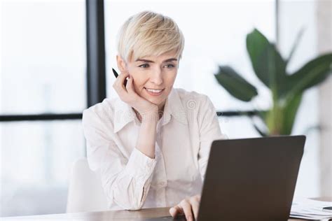 Mature Business Lady At Laptop Computer Working Sitting In Office Stock Photo Image Of