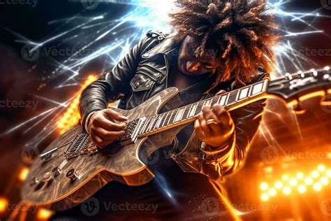 Rock Guitarist Metal Rockstar Playing Guitar With Lightning On The