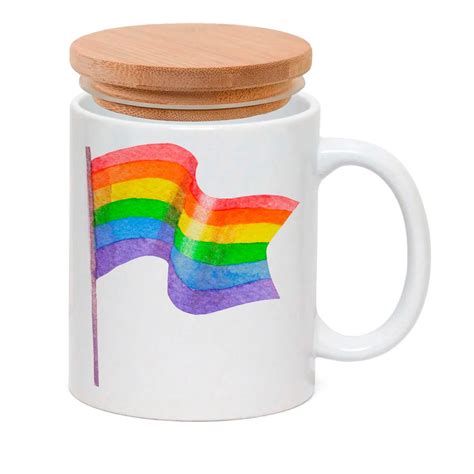 Caneca Porcelana Tampa Bambu Bandeira Arco Iris Lgbt Lgbtqia