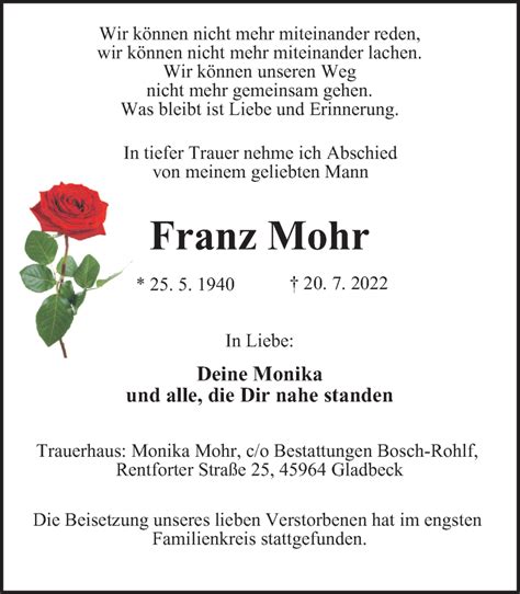 Traueranzeigen Von Franz Mohr Trauer In NRW De