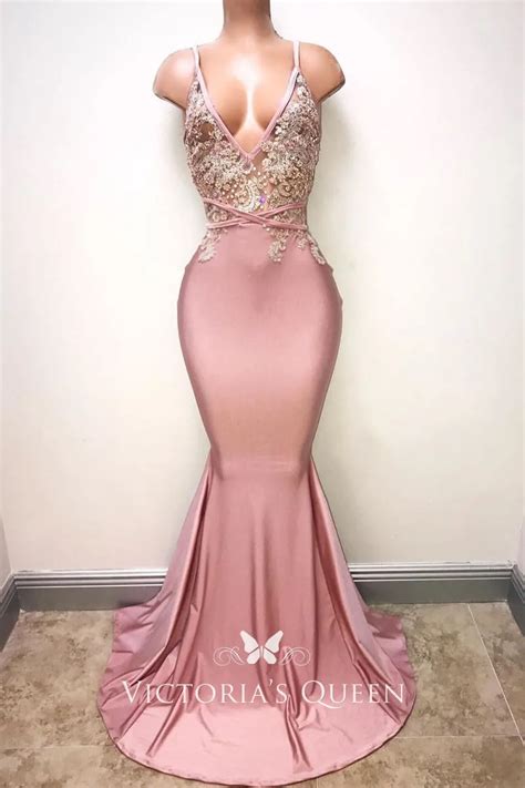 Amazing Beaded Rosy Pink Lace And Satin Deep V Neck Mermaid Long Prom