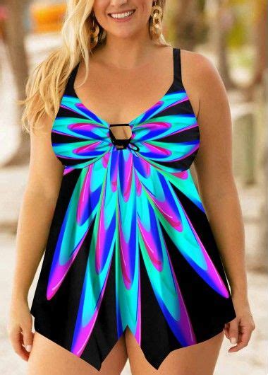 Plus Size Asymmetric Hem Colorful Printed Swimdress And Panty