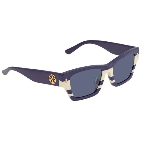 Tory Burch Women S Ty7169u Universal Fit Rectangular Sunglasses Navy Ivory Vintage Strip 52mm