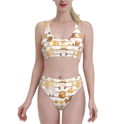 Logiee Cute Bee Gnome Print Women S Piece Bikini Set Halter Bathing Suit High Waisted Bikini