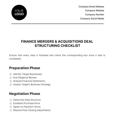 Free Finance Mergers Acquisitions Deal Structuring Checklist Template