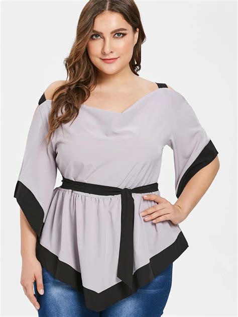 Wipalo Women Plus Size Two Tone Cold Shoulder Belted Blouse Casual