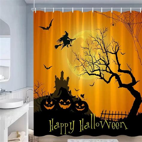 Creative Halloween Shower Curtain Set Pumpkin Owl Tombstone Castle Bat