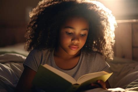 Premium AI Image | child girl reading book in bed