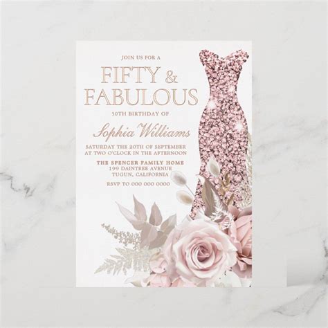 Rose Gold Blush Pink Dress 50th Birthday Party Foil Invitation