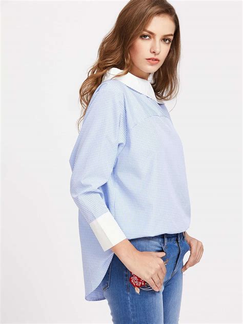 Fold Over Neckline Gingham Dip Hem Top Shein Sheinside