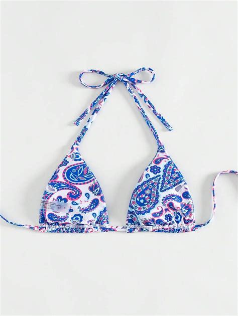 Shein Swim Summer Beach Paisley Print Halter Triangle Bikini Top For