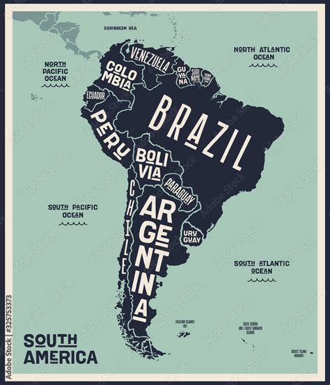 Map South America. Poster map of South America. Black and white print ...