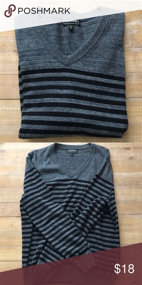 Mens Express V Neck Sweater Black And Grey Striped