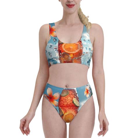 Bingfone Women S Bikini Sets Refreshing Citrus Splash Print High Waisted Two Pieces Swimsuits