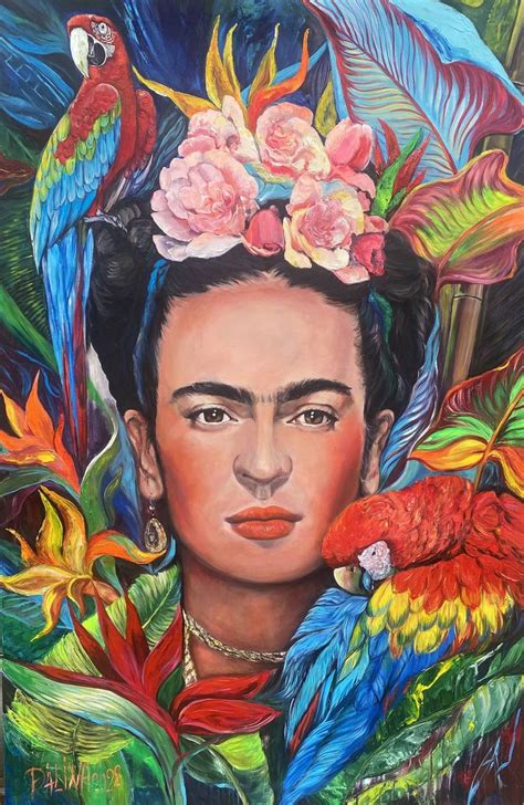 Frida Kahlo Big Acrylic Handmade Portrait Frida Kahlo With Parrots Big