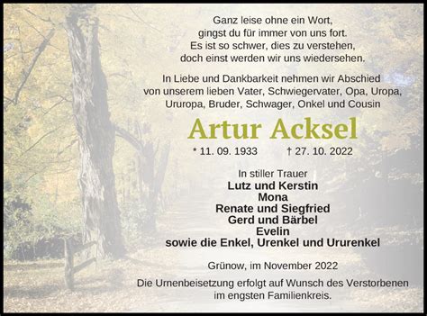 Traueranzeigen Von Artur Acksel Trauer Nordkurier