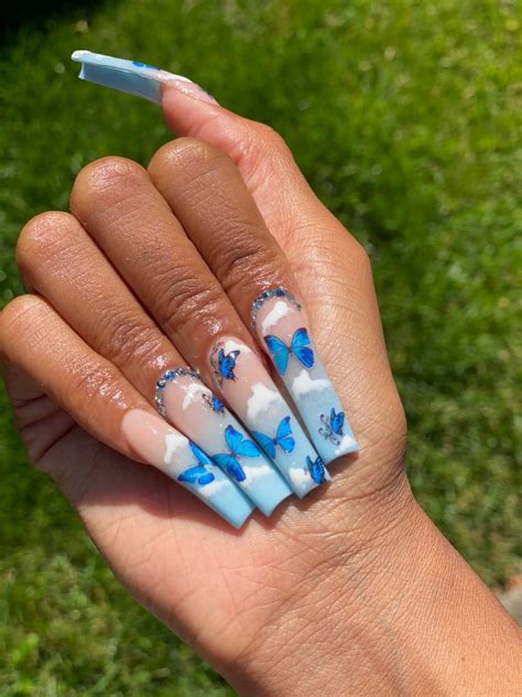 Long Blue Ombré Butterfly Nails With Diamonds And Clouds Long Square