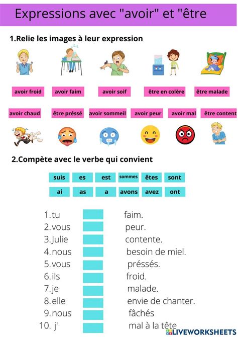 Expressions Avec Avoir Et être Worksheet In 2022 French Language Lessons French Worksheets