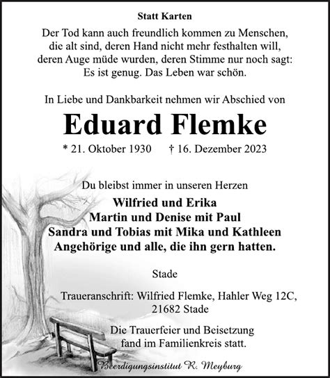 Eduard Flemke Traueranzeige Stader Tageblatt