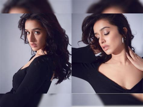 Shraddha Kapoor Poses In Black Bodycon Dress Front Cut Expose Cleavage