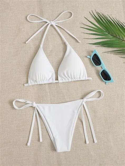 SHEIN Swim Basics Solid Triangle Tie Side Bikini Swimsuit SHEIN UK