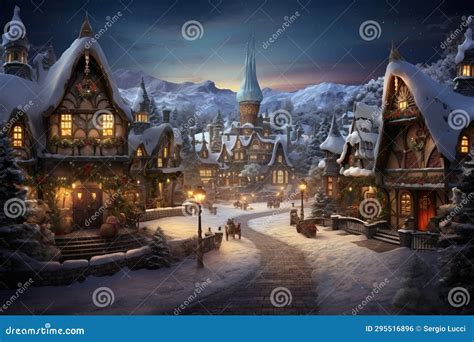 Magical Christmas Night Scene. Winter Village Landscape Stock Photo - Image of blue, wood: 295516896