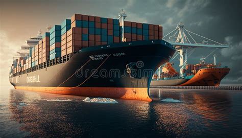 A Loaded Container Cargo Ship Is Seen In The Front As Docked At The