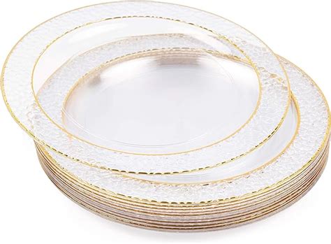 Matana 20 Premium Clear Plastic Dinner Plates With Hammered Gold Rim