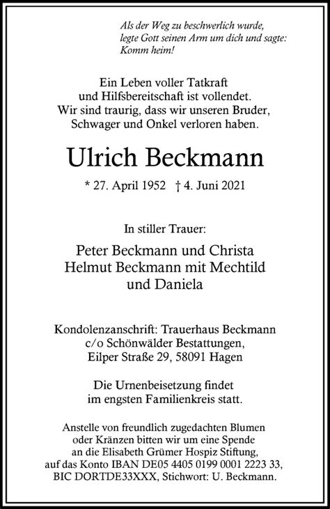 Traueranzeigen Von Ulrich Beckmann Trauer In Nrw De