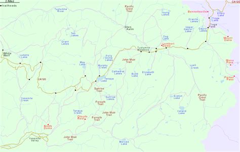 Hiking Map for Tuolumne Meadows and the Tioga Road, Yosemite National Park, California