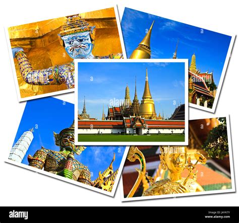 Collage Of Wat Phra Kaew Grand Palace Bangkok Thailand Postcards Isolated On White Background