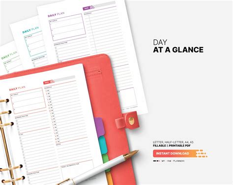 Day At A Glance Printable Productivity Planner Fillable Daily Goal