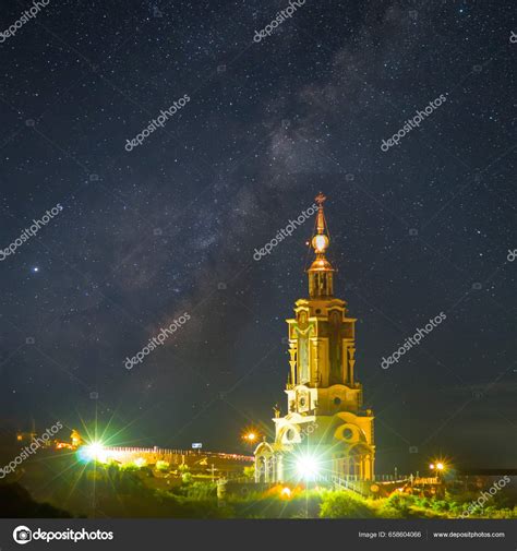 Closeup Christian Church Night Starry Sky Background — Stock Photo ...