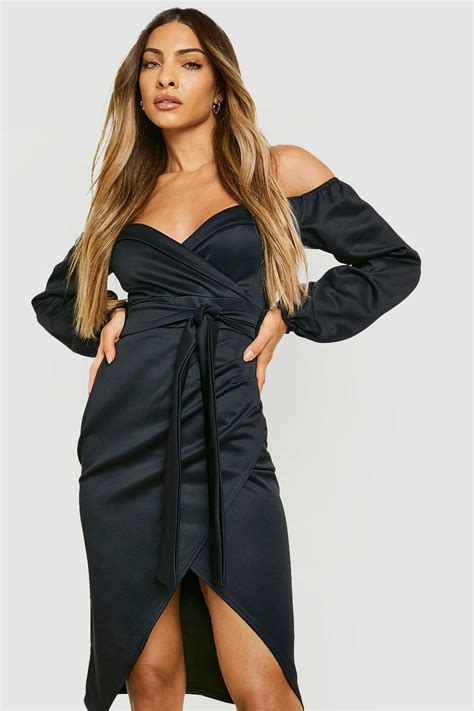 Scuba Off The Shoulder Belt Midi Dress Boohoo Uk