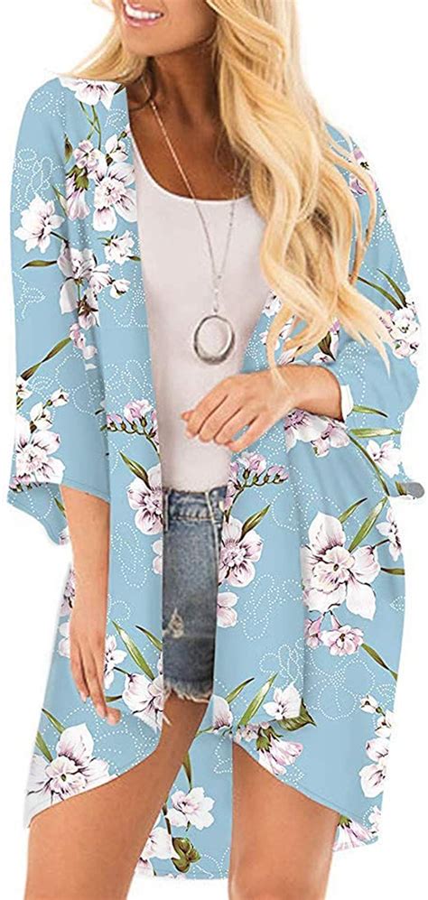 Women Floral Print Kimono Sheer Chiffon Cardigan Half Sleeve Cover Up