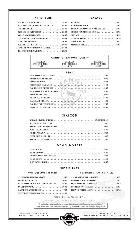 Manny's Steakhouse menu in Minneapolis, Minnesota, USA